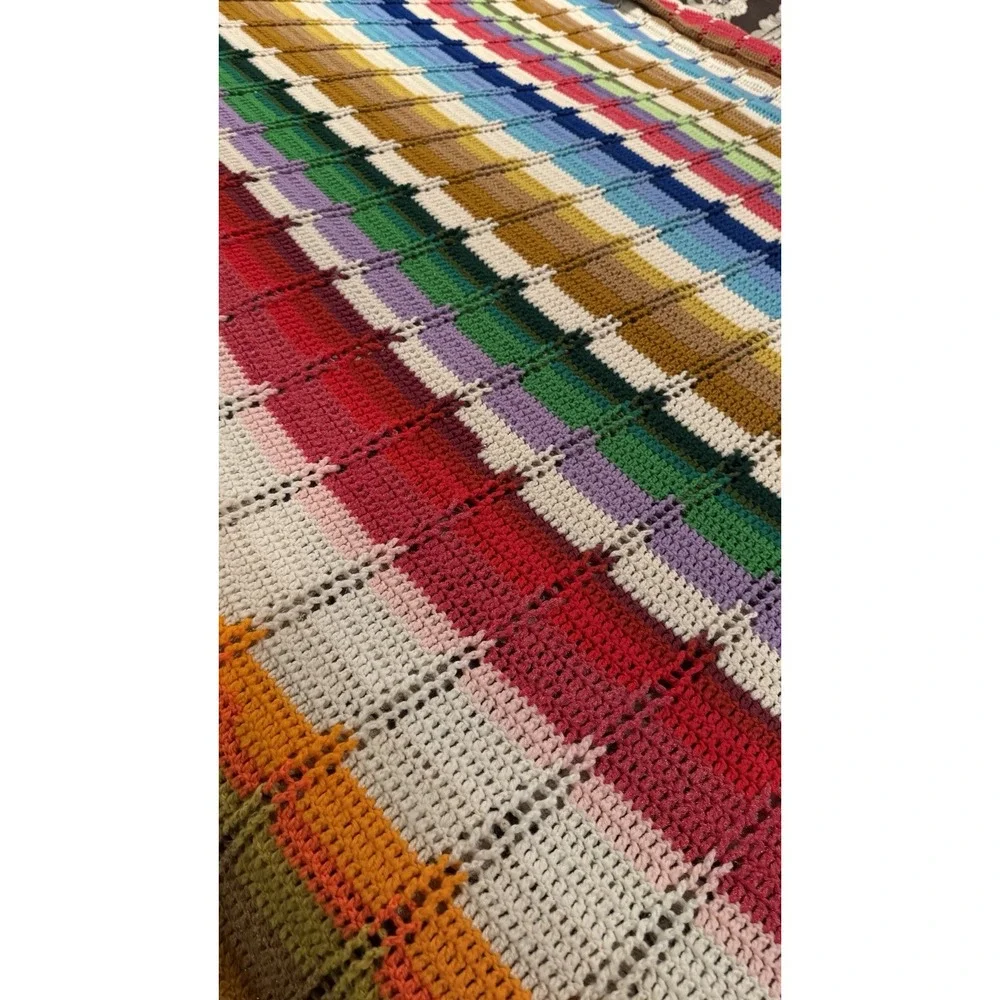 Vintage Large Rainbow Stripe Crochet Afghan Blanket‎ Handmade Throw 100x74